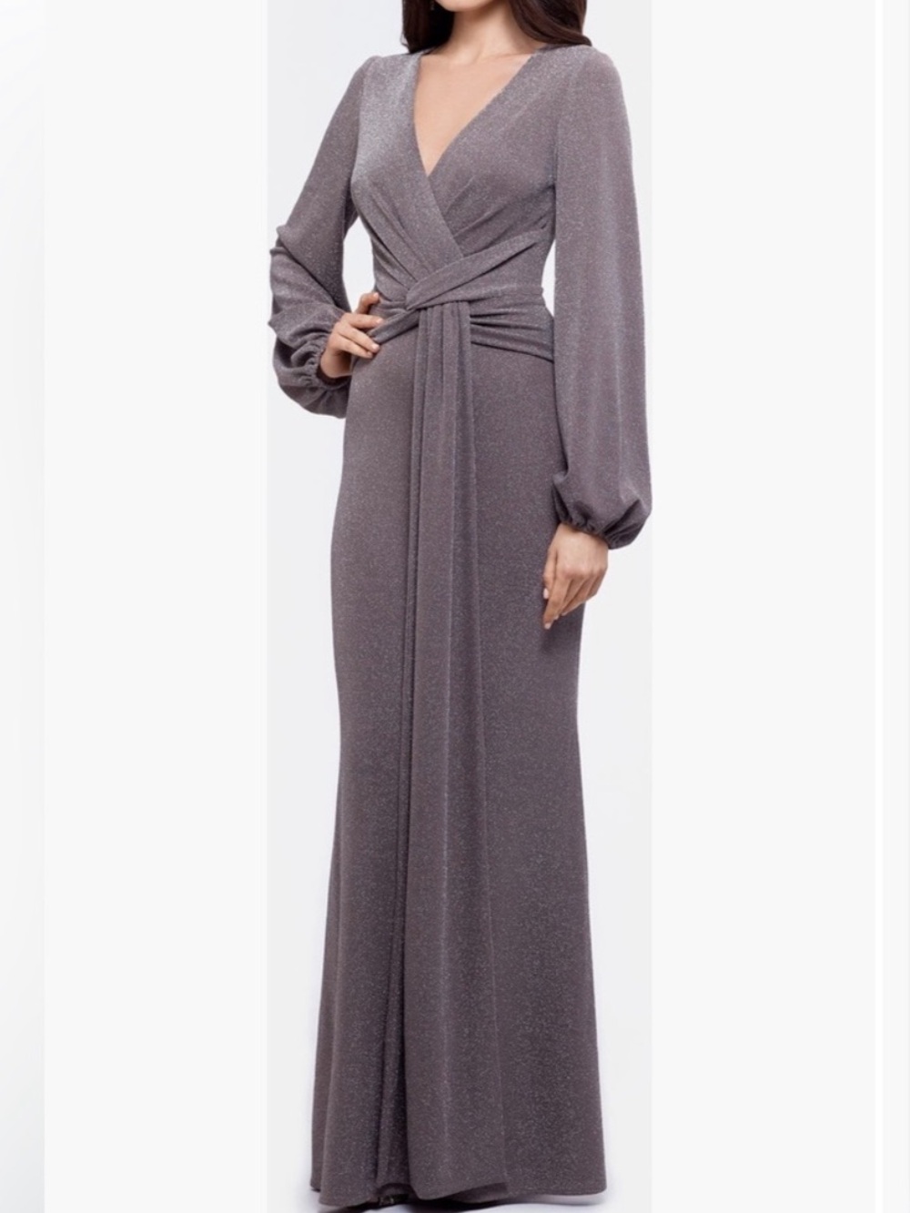 Betsy & Adam Metallic Knit Long
Sleeve Gown